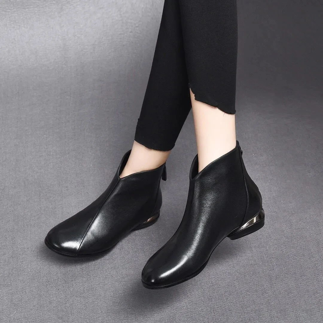 

Women Ankle Boots Black Leather Design V-neck Ankle Boots Woman Casual daily comfort Ladies Zipper Booties