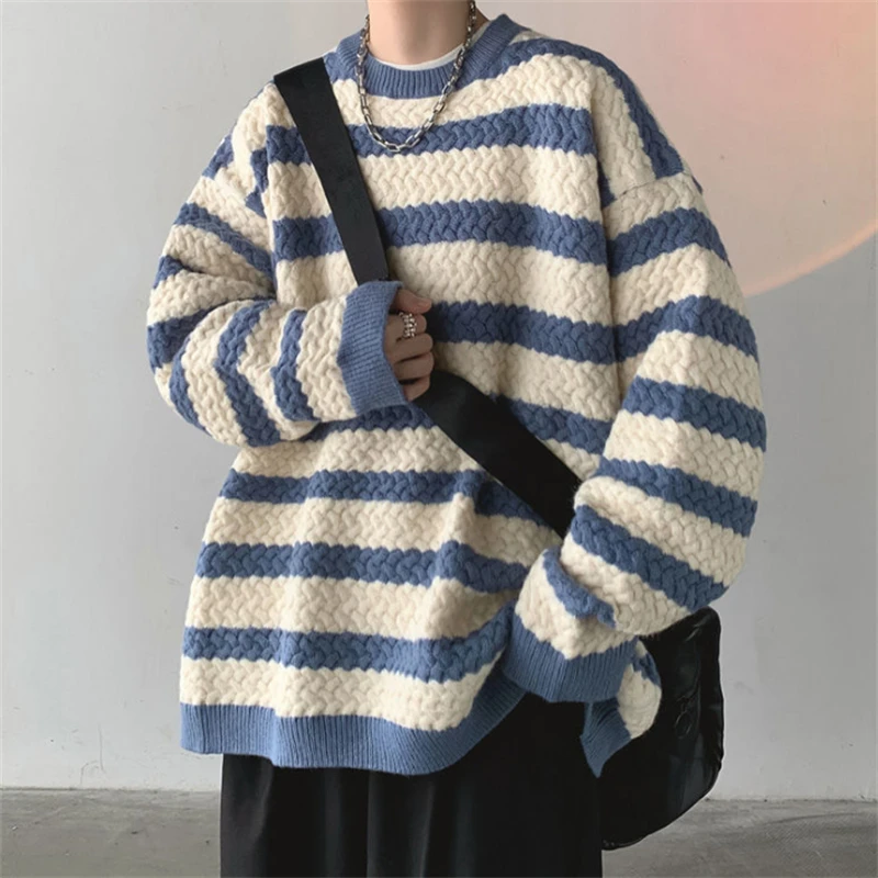 

Men Knitted Sweaters Casual Striped Print Tops Spring Autumn Pullover O-neck Knitwear 2022