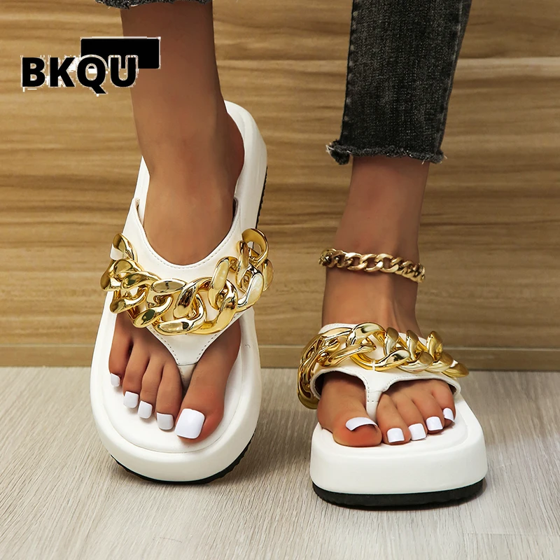 

BKQU 2022 Women Summer Fashion Chain Flip-flops Sandal Slippers Shoes Woman Flat Platform Sandals Casual Flat Slippers Slides