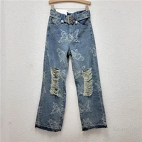 new jeans butterfly print high street ripped jeans for women 2022 summer straight trousers lady long denim pants