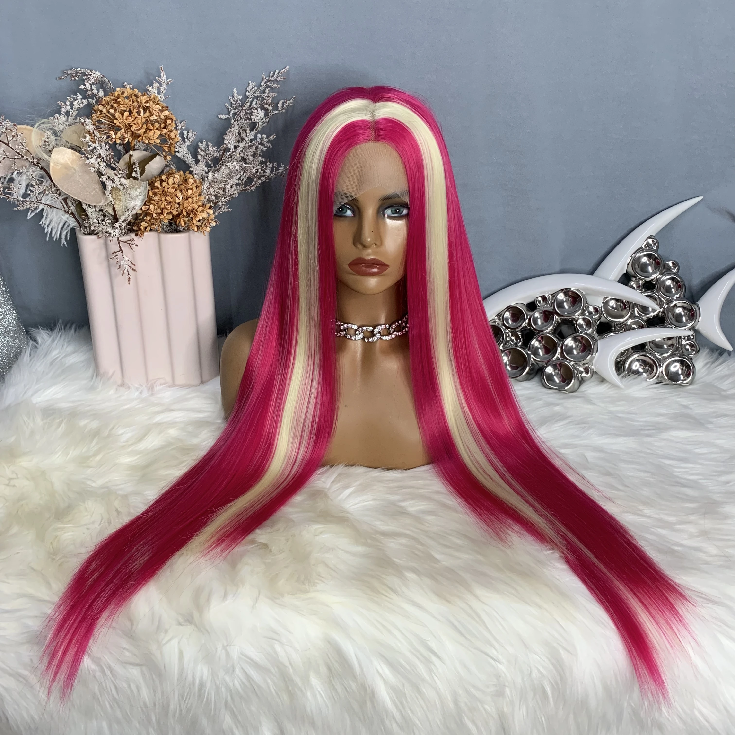 

Highlight Pink Colored 30 Inch Straight 13x4 Synthetic Lace Front Wig Transparent Pre Plucked Drag Queen Wigs For Women 180%