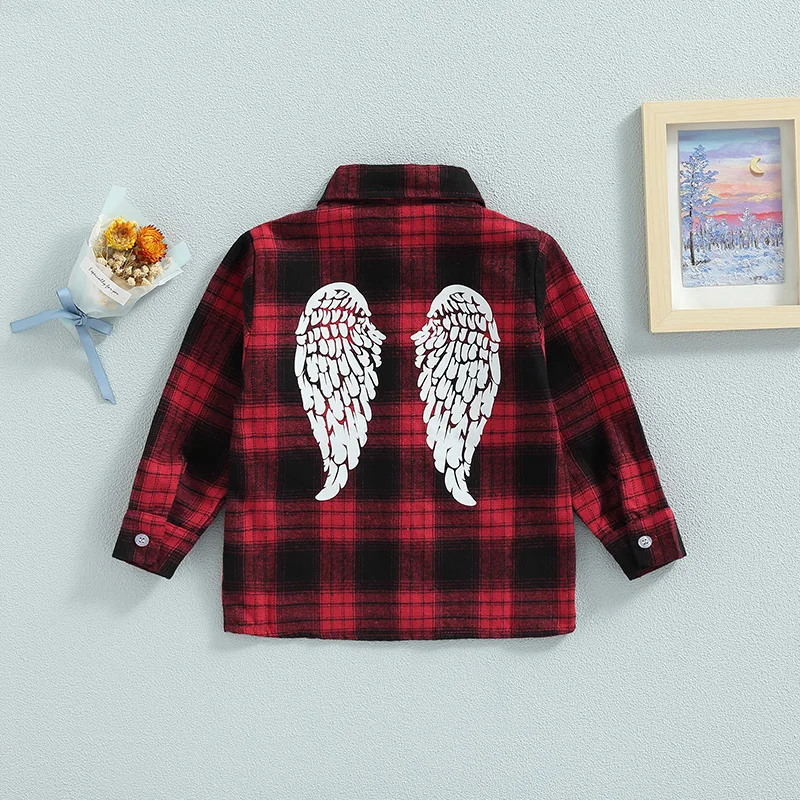 

1-6Y Kids Baby Boys Girls Shirt Jacket Children Casual Lapel Angel Wings Print Long Sleeve Button Cardigan Plaid Autumn Jacket