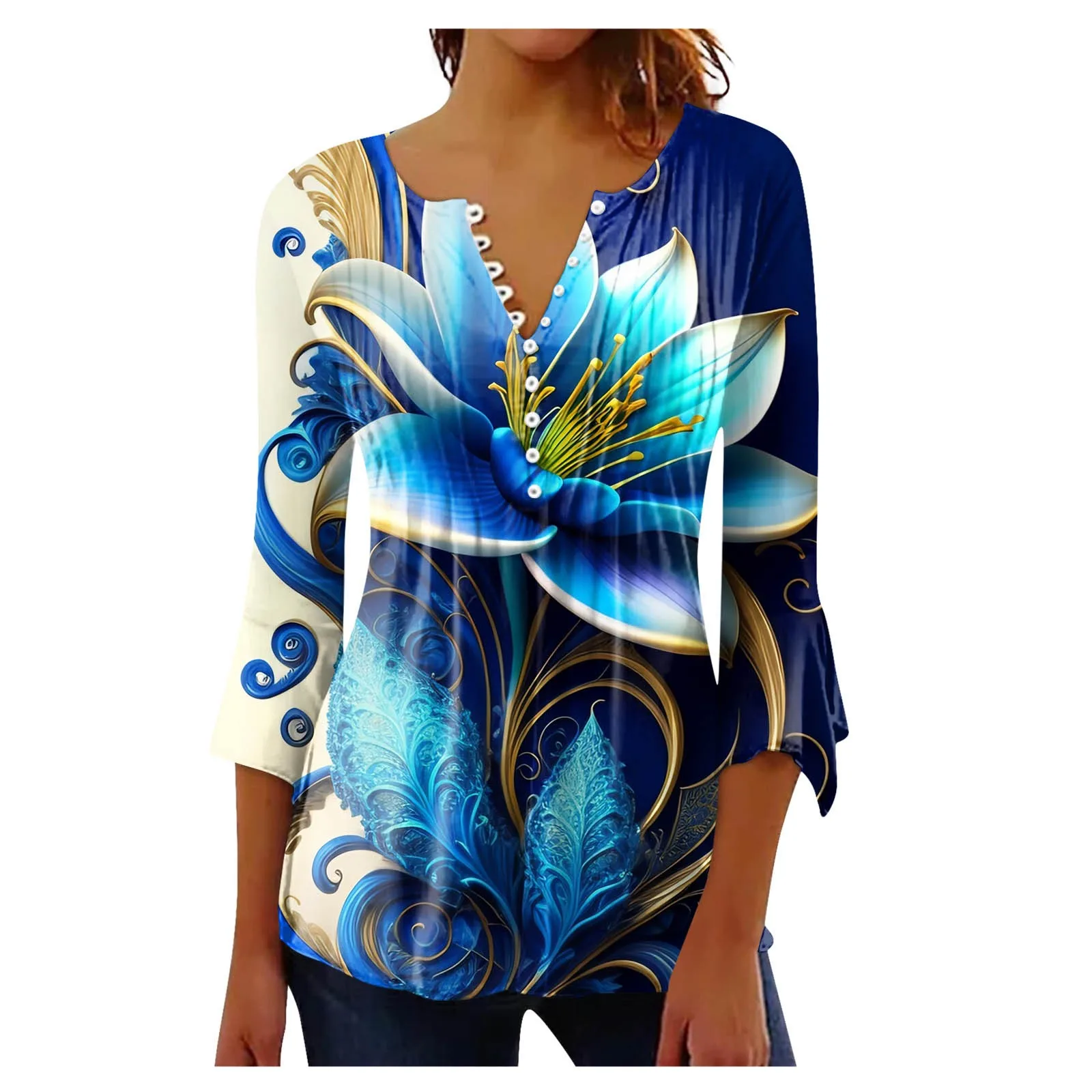 

Summer Button Up Blouse Top Casual Floral Print Three Quarter Sleeve V Neck Shirt Fashion Woman Blouse 2023 Blouse Clothing