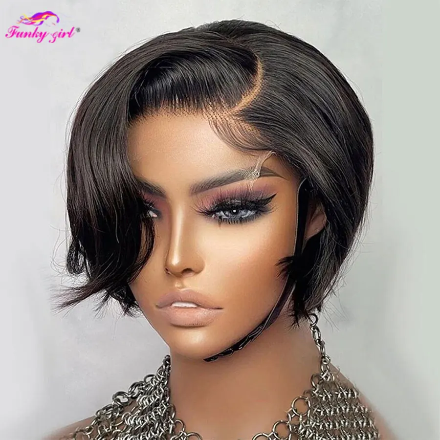 Short Bob Pixie Cut Wig Remy Straight Brazilian Human Hair Sale T Part Transparent Lace Bob Wigs For Black Women Pre Plucked