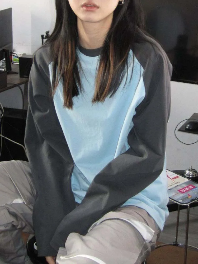 Футболка женская оверсайз винтажный Топ с длинным рукавом модная в Корейском