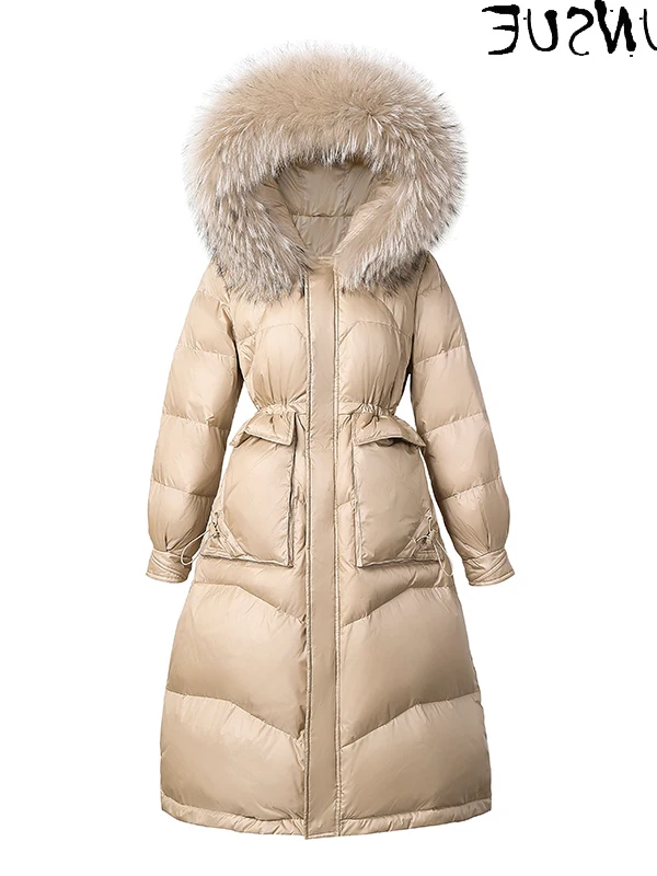 

Women Korean Winter Down Jacket Real Raccoon Fur Collar Long Puffer Coat Warm Woman Parkas High Quality Doudoune Femme