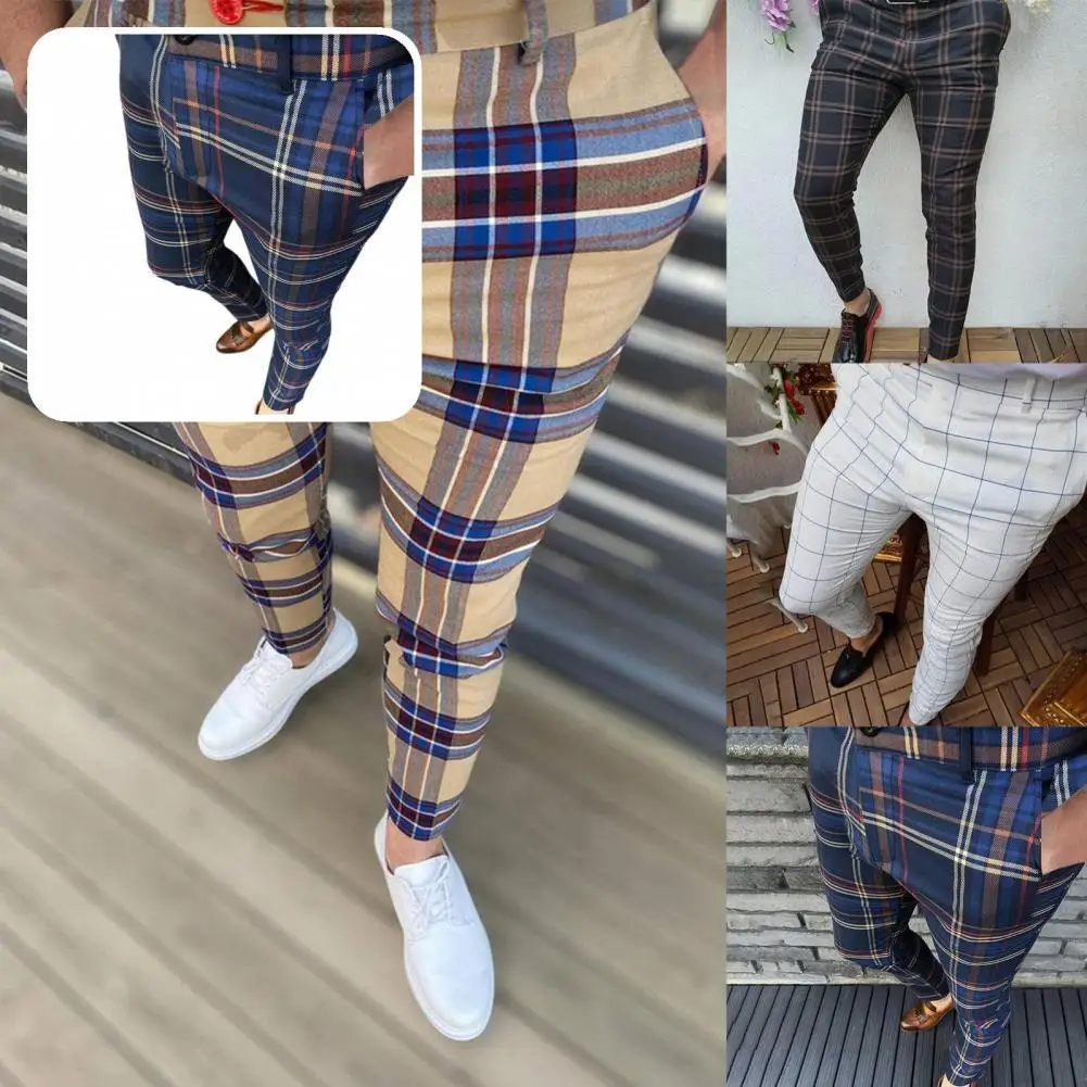 

Full Length Male Mid-rise Checkered Pattern Pencil Pants Men Clothes