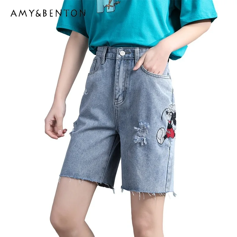 

Straight Mid-Length Pants Five-Point Cycling Pants Cartoon Embroidered Denim Shorts Women's High Waist Summer Loose Short Pants