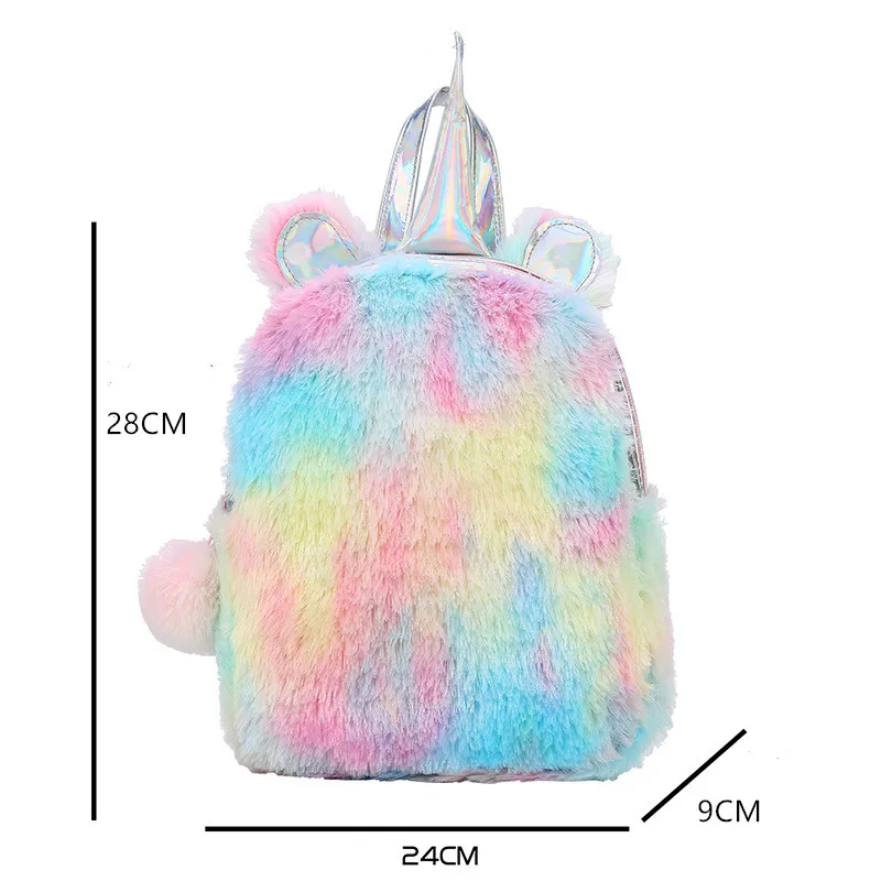 Unicorn School Bag For Girls  Plush Small Backpack Kids Kawayi Bags Silver Laser Pu  Bookbags Children Gift  Rainbow  11inch