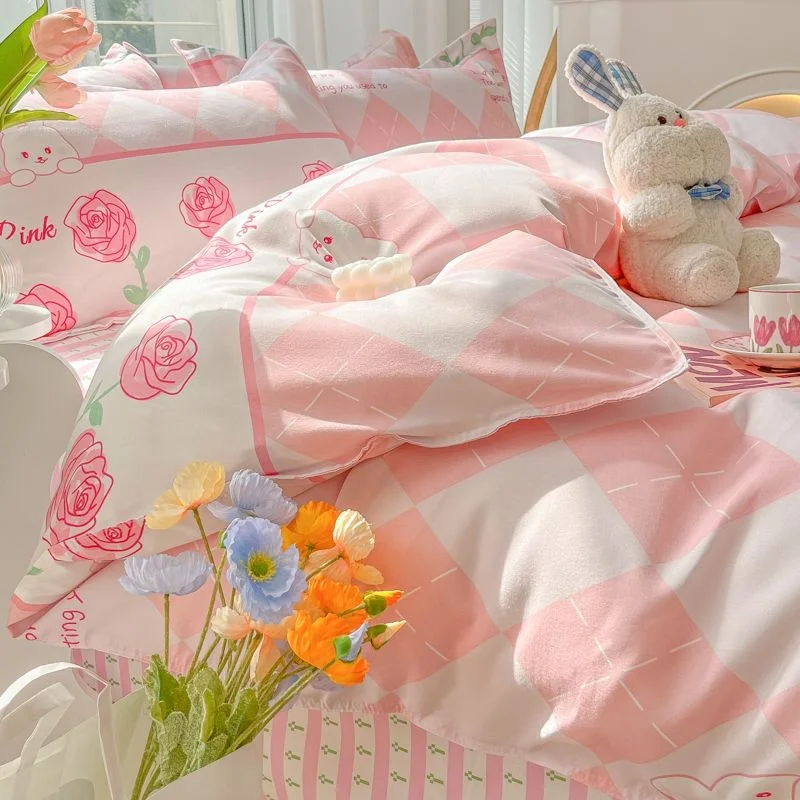 

Комплект постельного белья Ins розового цвета, Полиэстеровая простыня, наволочка, пододеяльник, односпальный, Королевский размер, пододеяльник с цветочным рисунком для девушек