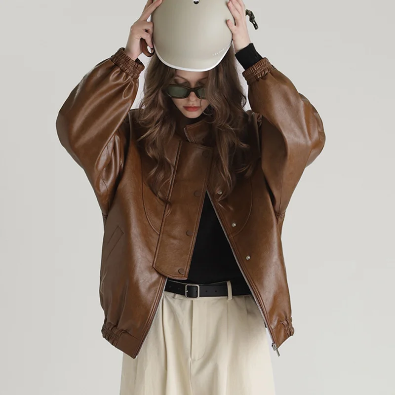 Lady Fashion Leather Jacket 2023 New Oil Wax Cowhide Leather Coat Women Stand Collar Streetwear Sheep Leather TF5281