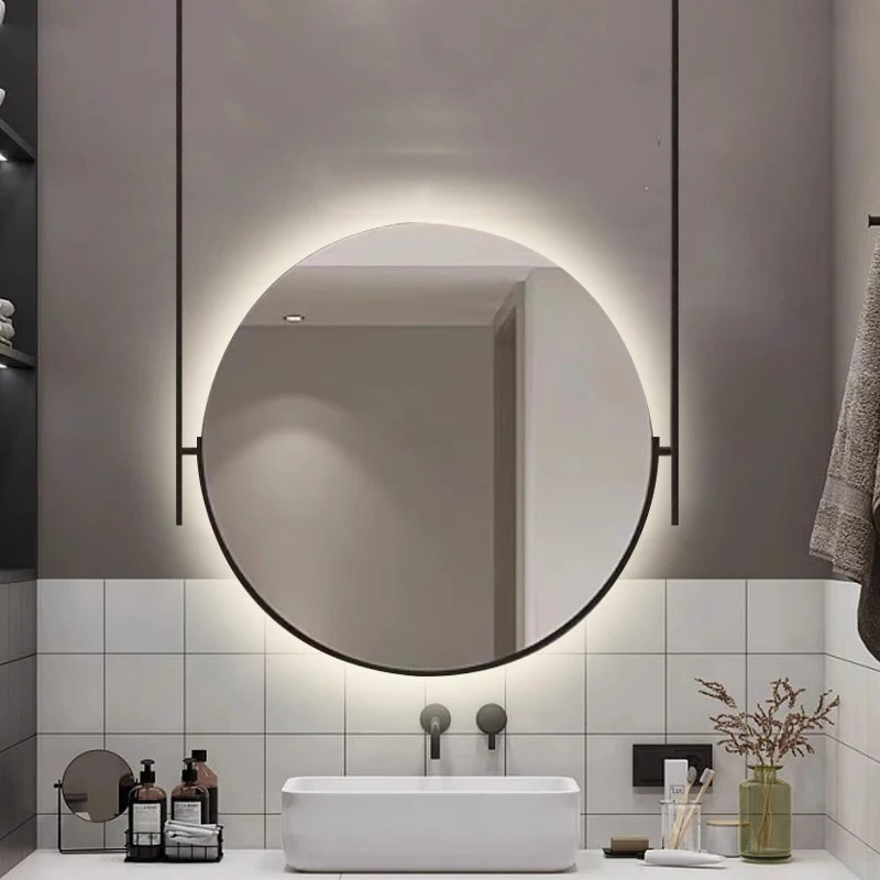 

Hotel Ceiling Boom Gold Round Smart LED Three-Color Light Touch Switch Bathroom Makeup Mirror Toilet Decoration Vanity Mirror