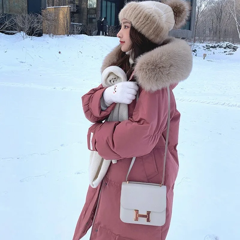 Down Jacket Women's New Big Fur Collar Thickened Warm Korean Version of White Duck Down Over The Knee Long Loose Jacket Winter