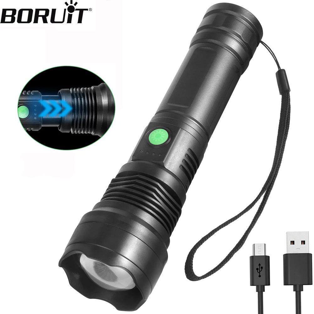 BORUiT High Power Led Flashlight Zoomable USB Rechargeable Portable LED Torch Tactical Telescopic Torch For Camping Fishing
