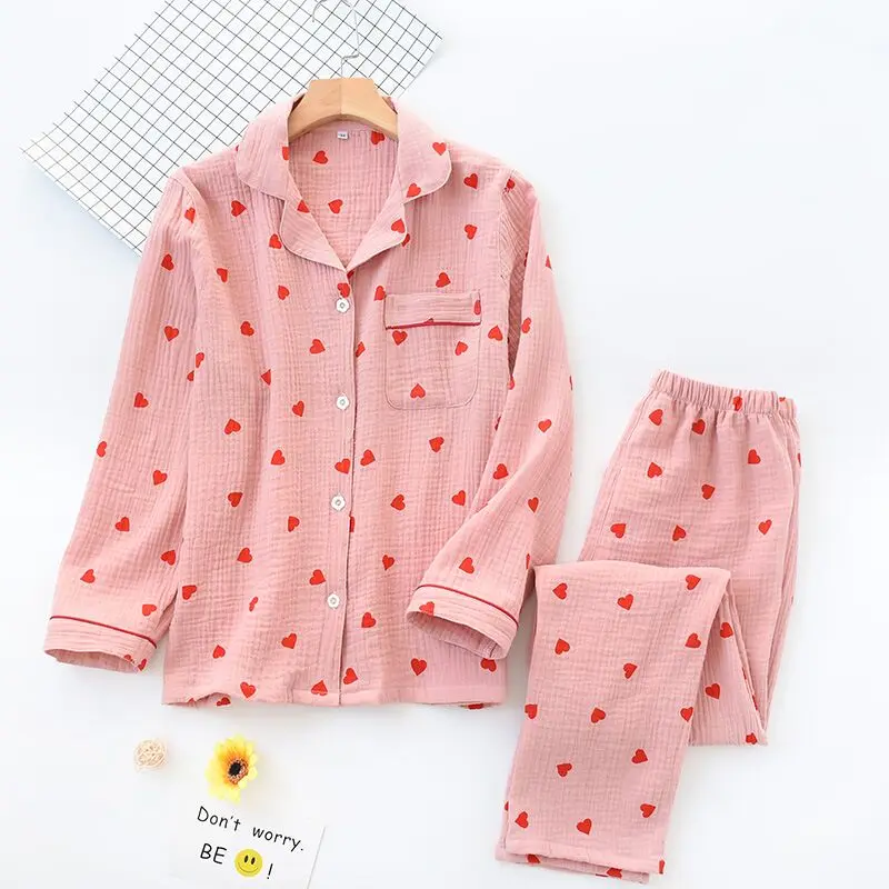 

2023 Soft Loose Pajama Set Casual Long Sleeve Pijamas Suit Cotton Crepe Heart Print Women Pajamas Thin Sleepwaer Pyjamas Women