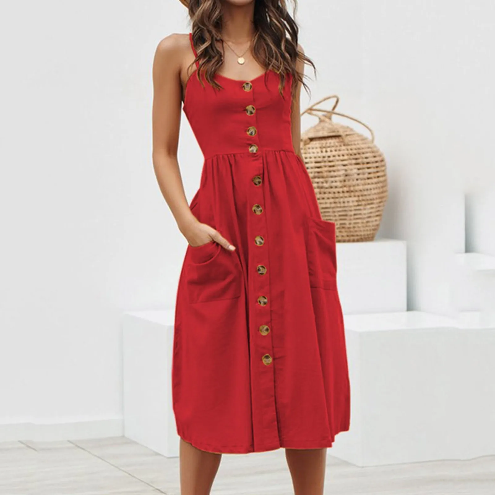 

Boho Sundress For Women Casual Summer Dress Round Neck Sleeveless Tank Dress Beach Dress Swing Dress Fashion Slim Midi Dress