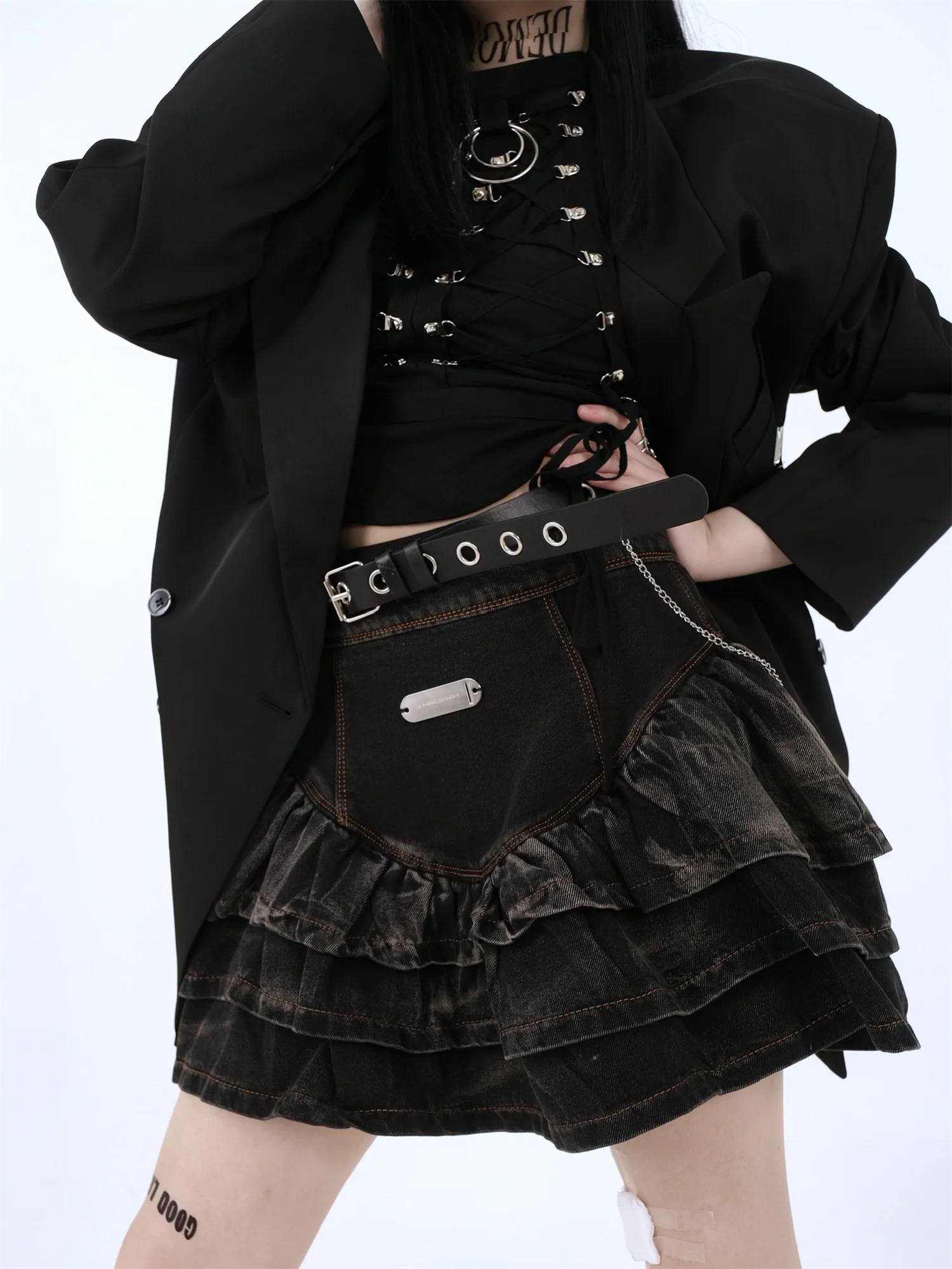 

LUNATICASYLM Готическая панк Y2K черная горячая девушка Harajuku с высокой талией мини джинсовая плиссированная юбка осень 2022