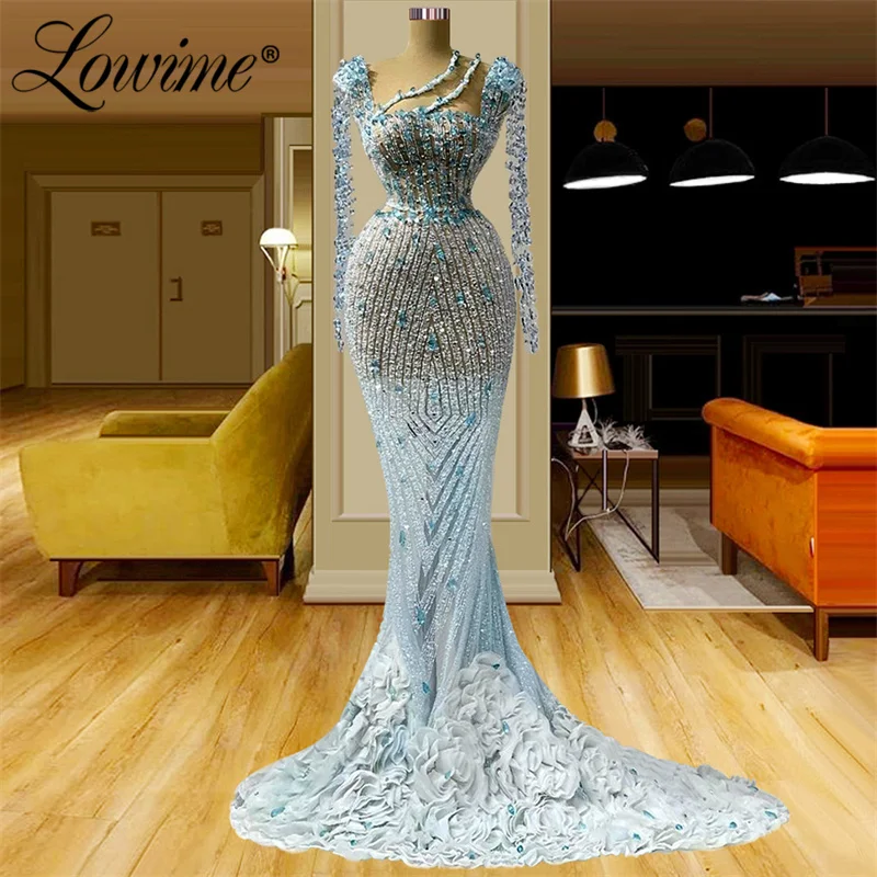 

Lowime 2022 Luxury Long Mermaid Party Dresses Beaded Crystals Evening Gowns Full Sleeves Dubai Arabic Wedding Prom Dress Robes
