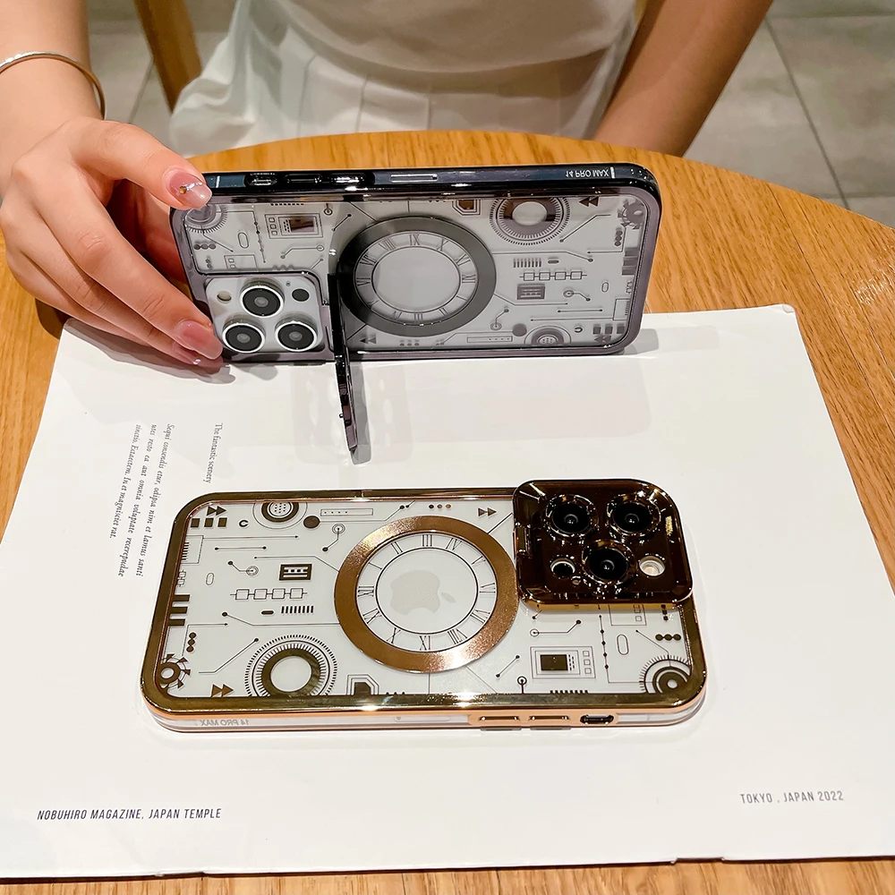 

Magnetic Lens Holder Phone Case For iPhone 13 11 12 14 Pro Max Plating Frame Circuit Board Texture Lens Film Transparent Cover