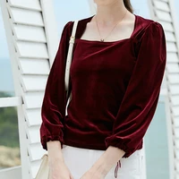 vintage long puff sleeve neck square polyester t shirt female pleuche solid casual tops s xl 3 color women autumn winter tshirts
