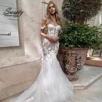 luxury wedding dress chiffon with beading mermaid strapless detachable puff sleeves bride gowns backless button robes de mari%c3%a9e