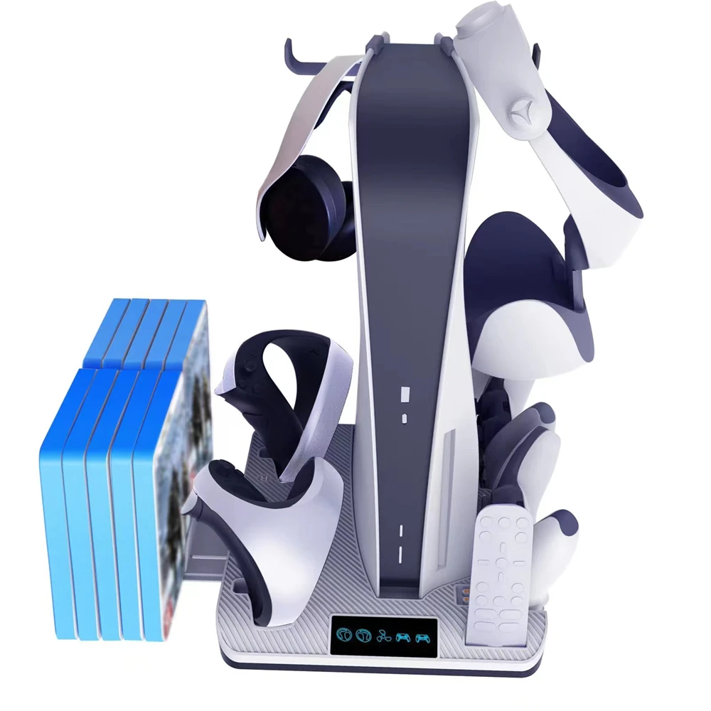 

For PS5 Console Multifunctional Cooling Stand With Dual Controller Charger CD VR2 Helmet Storage for PS VR2 Handle Charging Dock