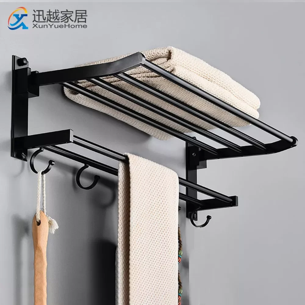 

Towel Holder Wall Mounted Black Aluminum Surface Shower Bars Hanger Adjustable Fold Clothes Rack with Hooks Bathroom Accessories