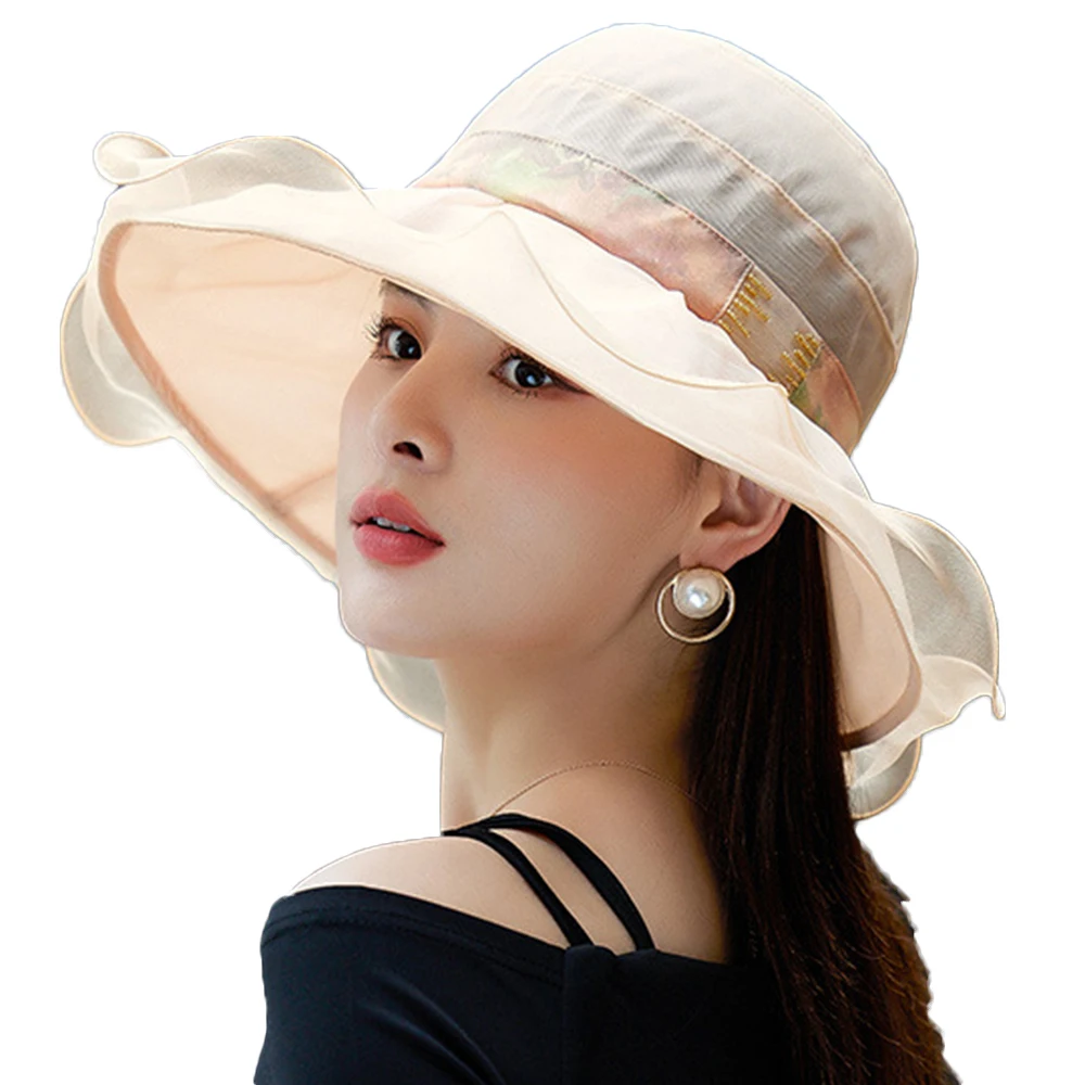 

FS 2022 Summer Wide Brim Silk Sun Hat For Women Kentucky Derby Windproof Rope Bucket Hats Ladies Sunscreen Visor Caps Foldable