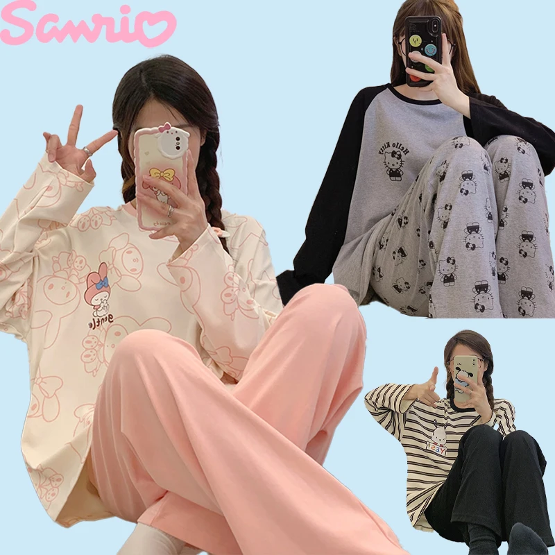 

2PCS Sanrio Hello Kitty Kuromi Cinnamoroll My Melody Autumn Women's Crew Neck Pajamas Plus Size Loungewear Pijama Cute Outdoorsy