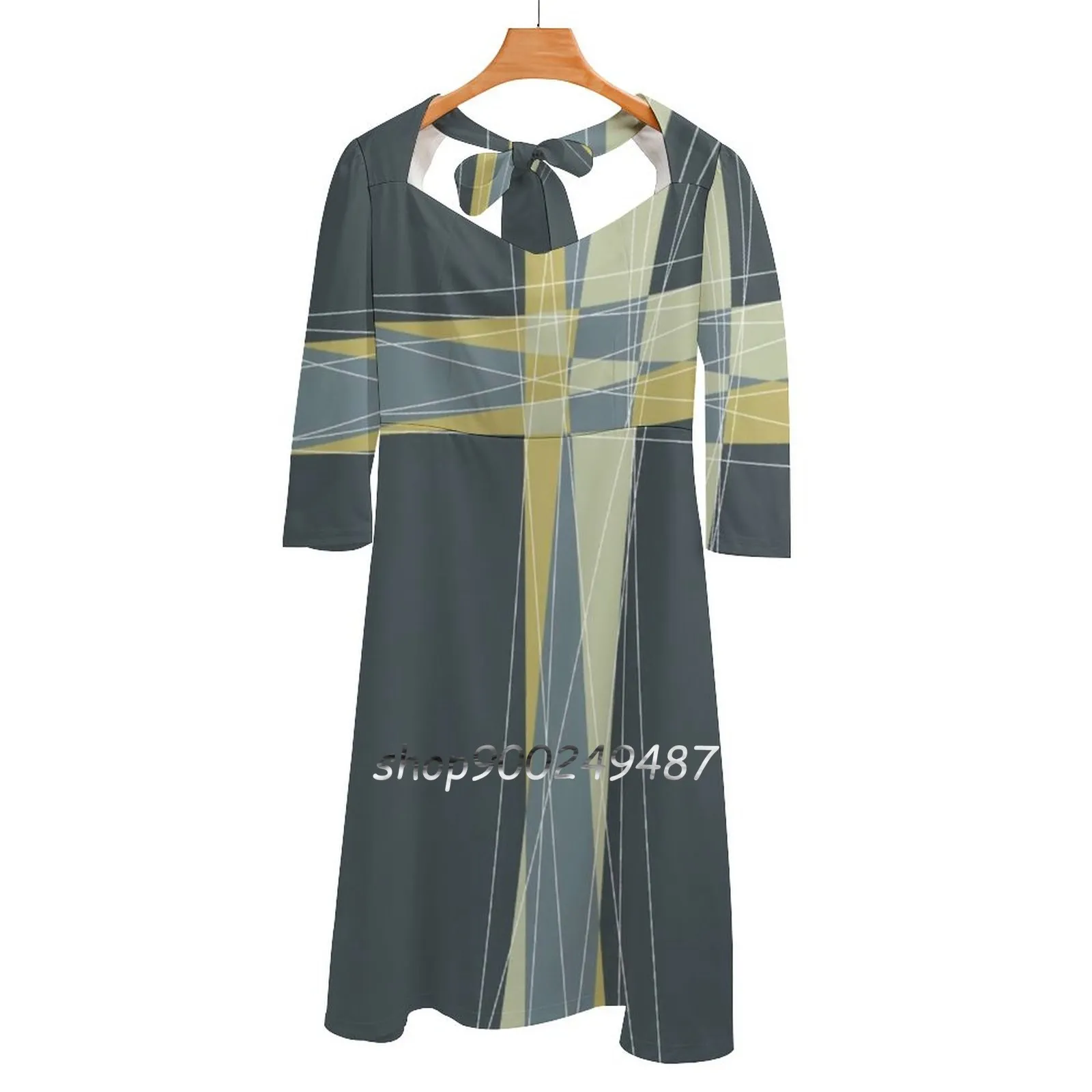 

Shards Gold And Gray Square Neck Dress Cute Loose Print Dresses Elegant Beach Party Dress Lines Abstract Gray Mustard Shards