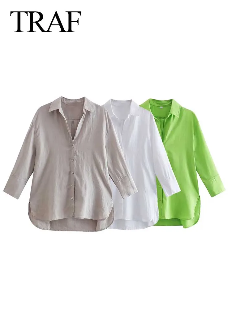 

TRAF Elegant Blouse Long Sleeve Thin Shirt Button Solid Color Office Cardigan Women V Neck Fashion Casual Chic Commuter Shirt