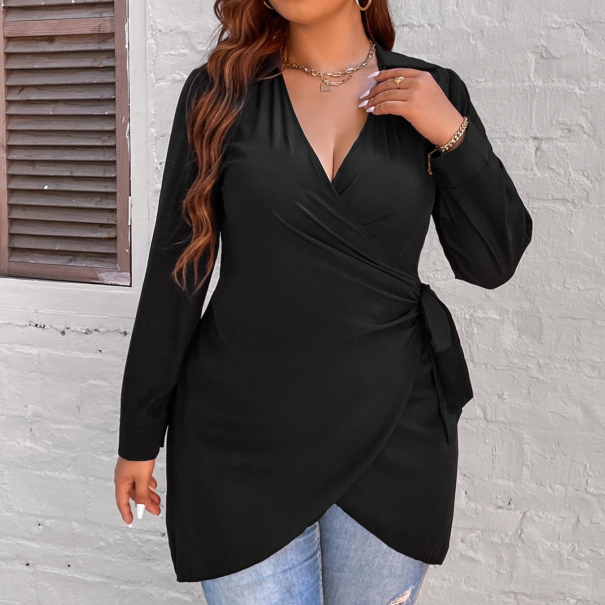 Large Plus Size 4XL Blouse for Women 2022 Peplum Tunic Tops Autumn Winter Black Belt Curvy Casual Oversized Solid Loose T Shirts