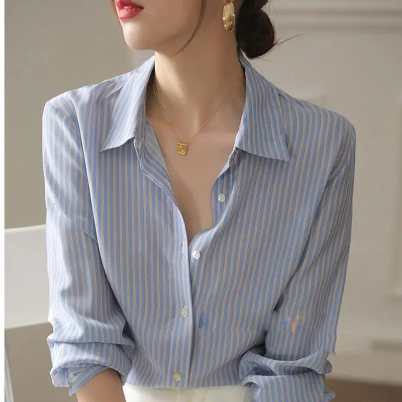

Shirts for Women Striped Vertical Tops Long-sleeve Lapel Blousers Single Breasted Office Ladies Loose Women's Clothes E235