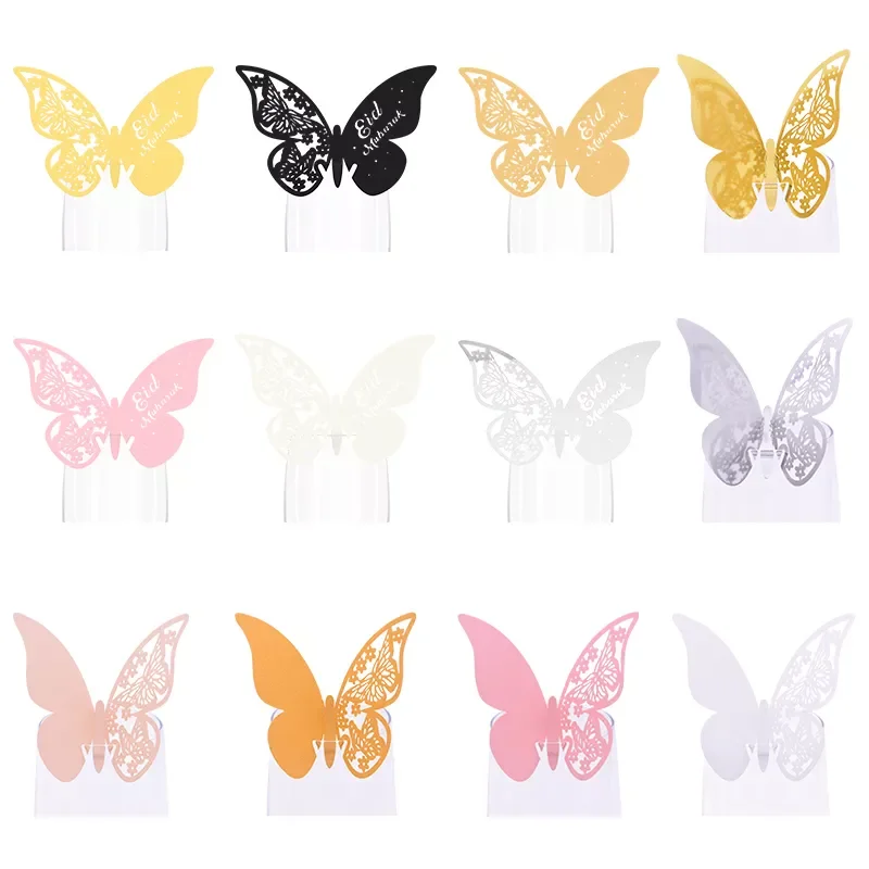 

20pcs/lot Eid Mubarak Hollow Butterfly Cup Cards Ramadan Decoration Paper Name Place Seats Card for Muslim Islamic Party Decor