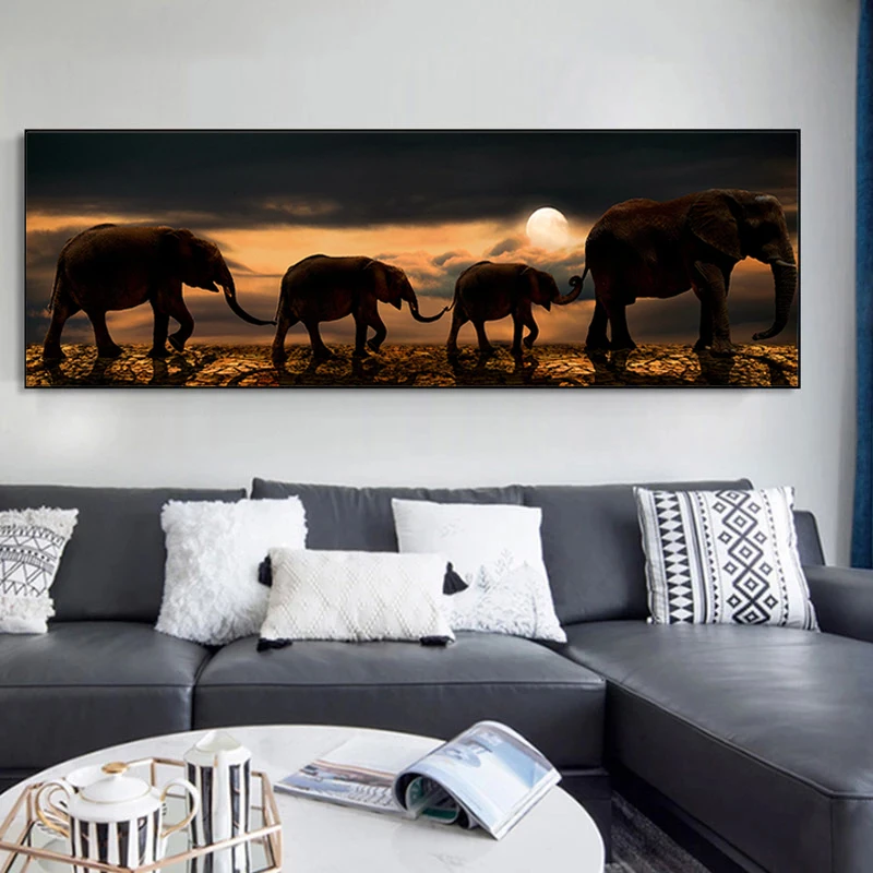

Elephant Family Panoramic Canvas Painting Animal Art Posters and Prints for Living Room Bedroom Wall Art Picture Home Decoration