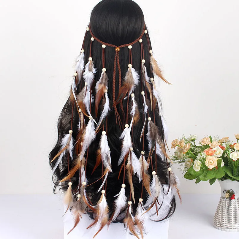 

Bohemian Feather Hairband Indian Gypsy Headband With White Brown Tassel Large Twine For Festive Prom Women'S Hair Accessories