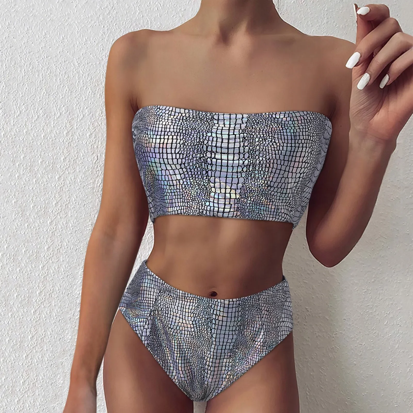 

Купальный костюм женский с высокой талией, бандо, комплект бикини с чашками пуш-ап, купальник из двух предметов, пляжная одежда, комплект бик...