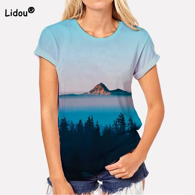 

Harajuku Crew Neck Landscape Painting Printing Short Sleeves T-shirts Skinny Casual Letter Elastic CottonTops Summer for Women