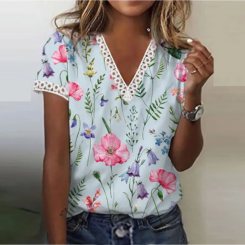 Vintage Women Fashion Floral Print Crochet Lace V-Neck T-Shirt 2022 Summer New Short Sleeve Loose Tops Tee |