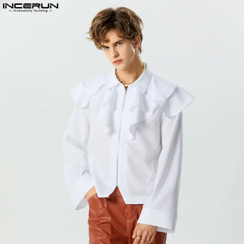 

Рубашка INCERUN мужская с отложным воротником и длинным рукавом, однотонная уличная одежда на молнии, Свободная Повседневная блуза с оборками, осень 2023