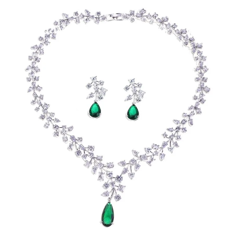 AMC Luxury Green Blue Yellow White Big Water Drop Necklace and Earring Set Zircon Bridal Wedding Party Jewelry Gifts For Women