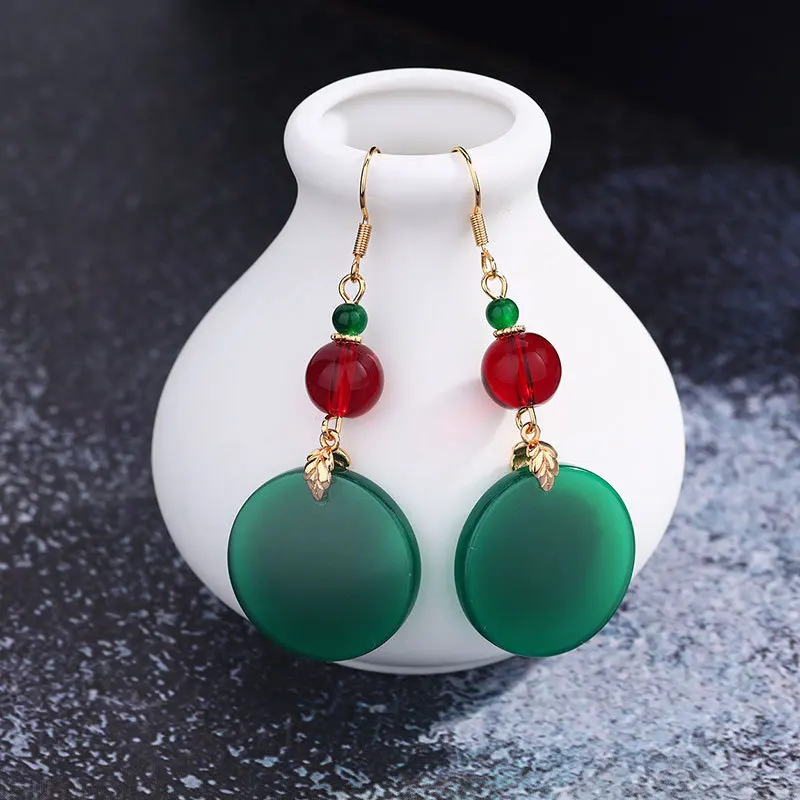 

Wushi Brand 14K Gold Wrapped Earrings Retro Ethnic Style Earrings Original Dry Blue Jade Plain Face Round Earrings