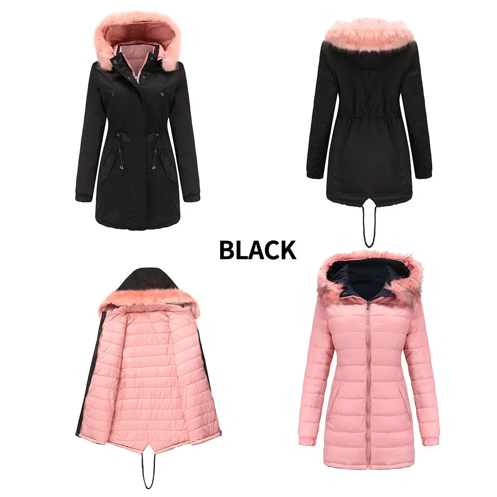Double-sided Wear Winter Coat Women's Parka Coat Detachable Plush Pluffy Collar Hat Hooded Warm Quilted Coat Jacket Outerwear
