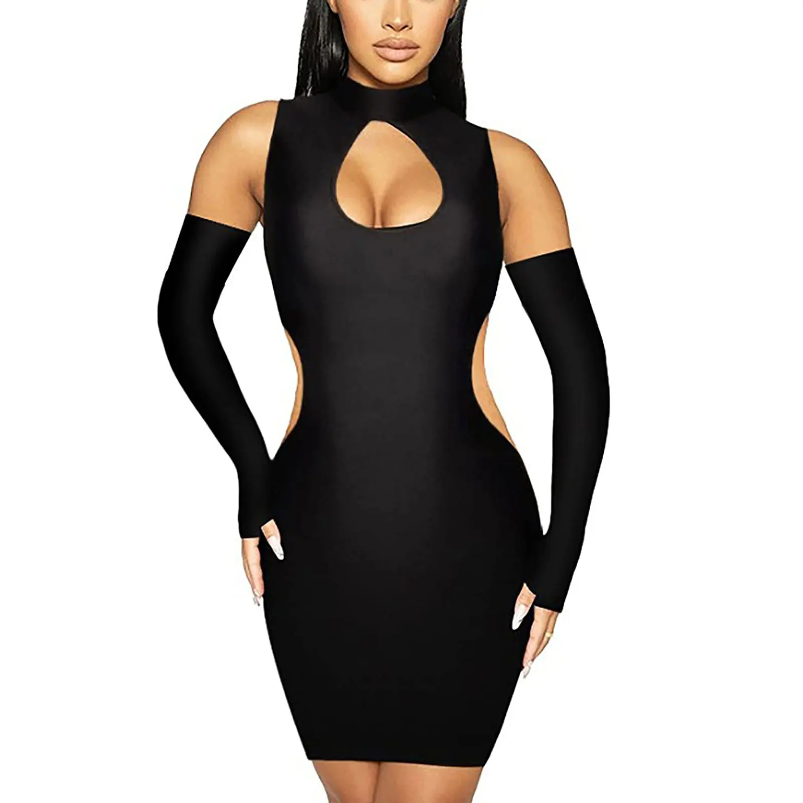 Women’s Casual Sleeveless Short Dress Fashion Solid Color Black Tight Dress Hollow Skinny Dress Party Dress with Arm Sleeves