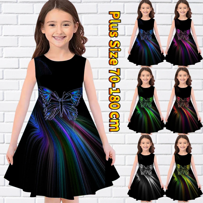 

2022 Summer Round Neck Dress Little Girl Daily Butterfly Print Knee-length Skirt Sleeveless Midi Skirt Fashion Princess Dress