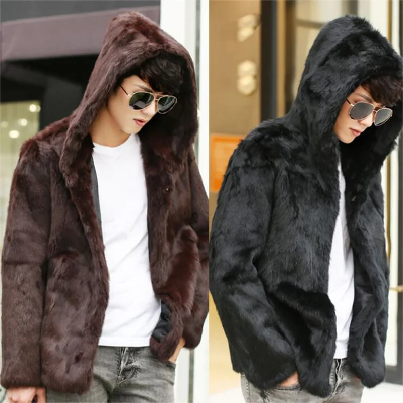 Autumn hooded faux mink fur leather jacket mens winter thicken warm fur leather coat men loose jackets fashion B254