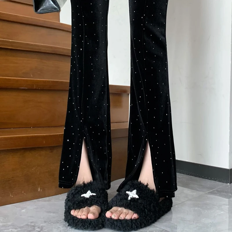 

Блестящие черные бархатные повседневные расклешенные брюки, женские базовые прямые модные черные уличные брюки в горошек с высокой талией 2023