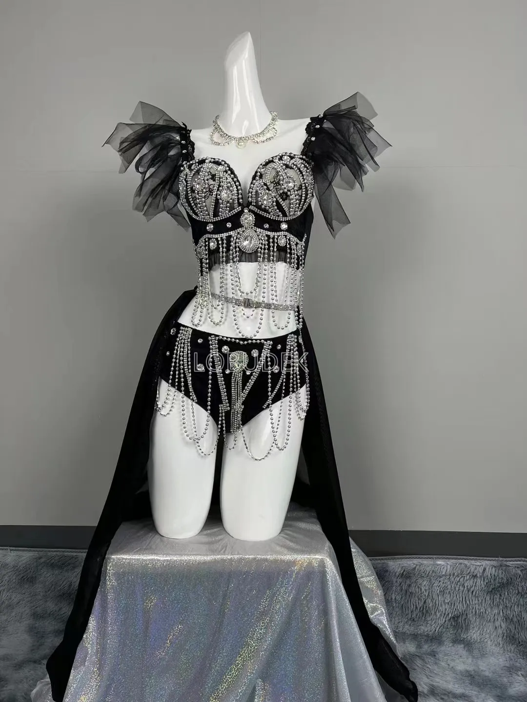 Черный женский бикини с бусинами со шлейфом сексуальный танцевальный костюм для
