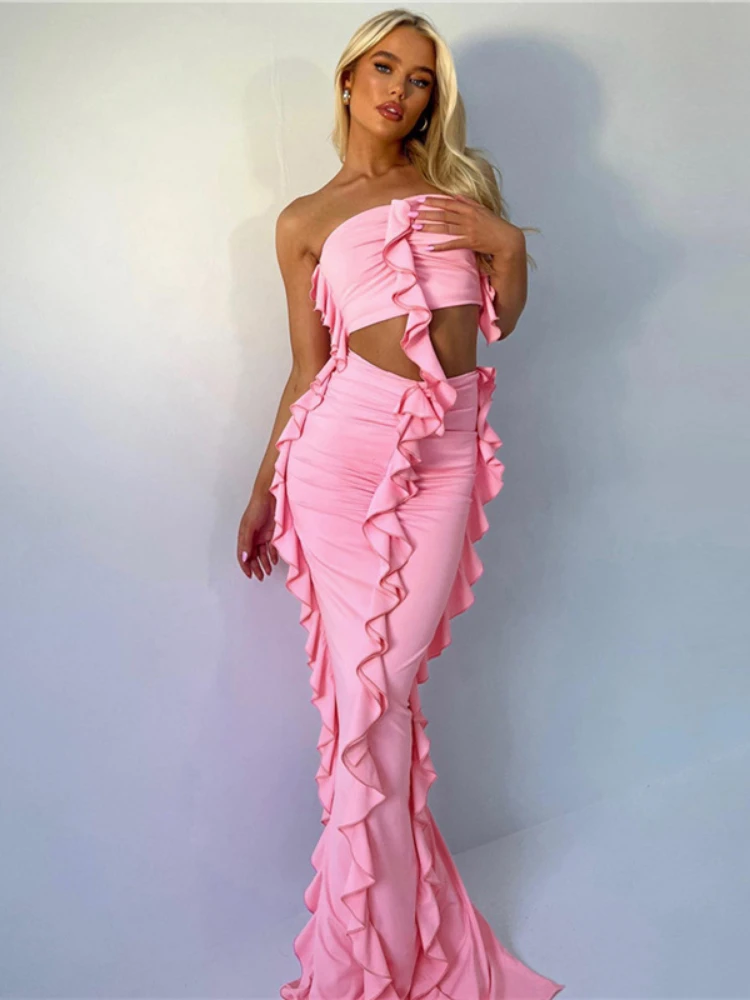 

Летний наряд для женщин 2023, модный сексуальный женский элегантный комплект из двух предметов с оборками, розовый укороченный топ, майка, облегающая юбка