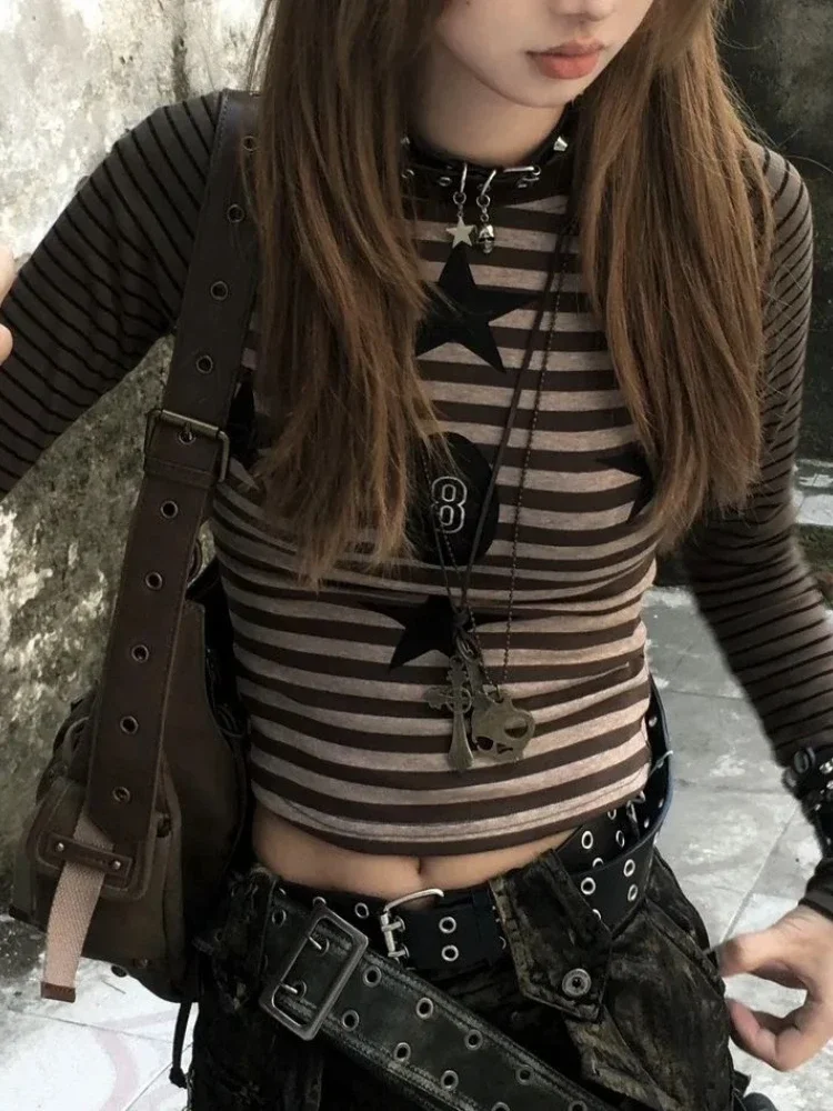 QWEEK Gothic Goth Striped T Shirt Women Harajuku Streetwear Grunge Star Tees American Retro Long Sleeve Top 2024 Spring Autumn